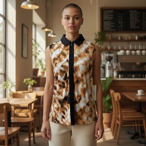 NWT Polyester tie-dye blouse, Calvin Klein, brown and white patterning